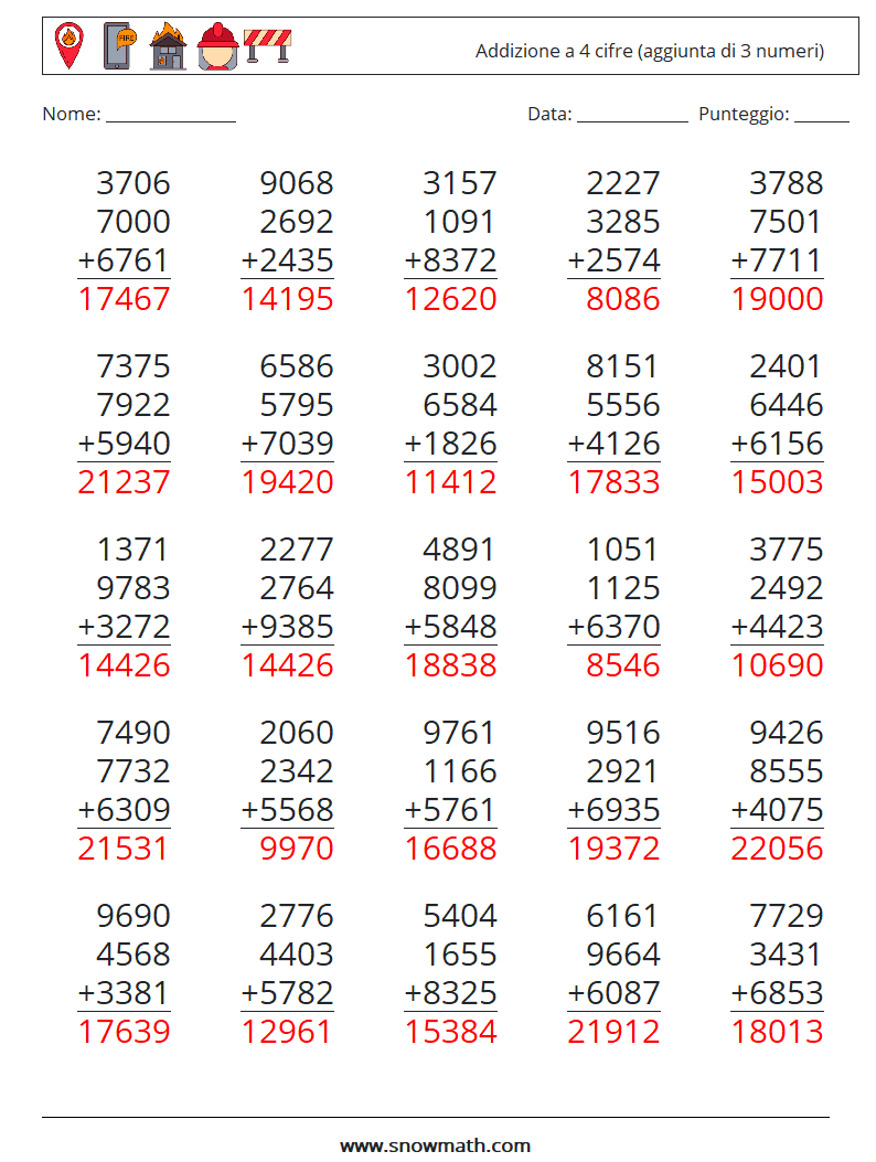 (25) Addizione a 4 cifre (aggiunta di 3 numeri) Fogli di lavoro di matematica 15 Domanda, Risposta