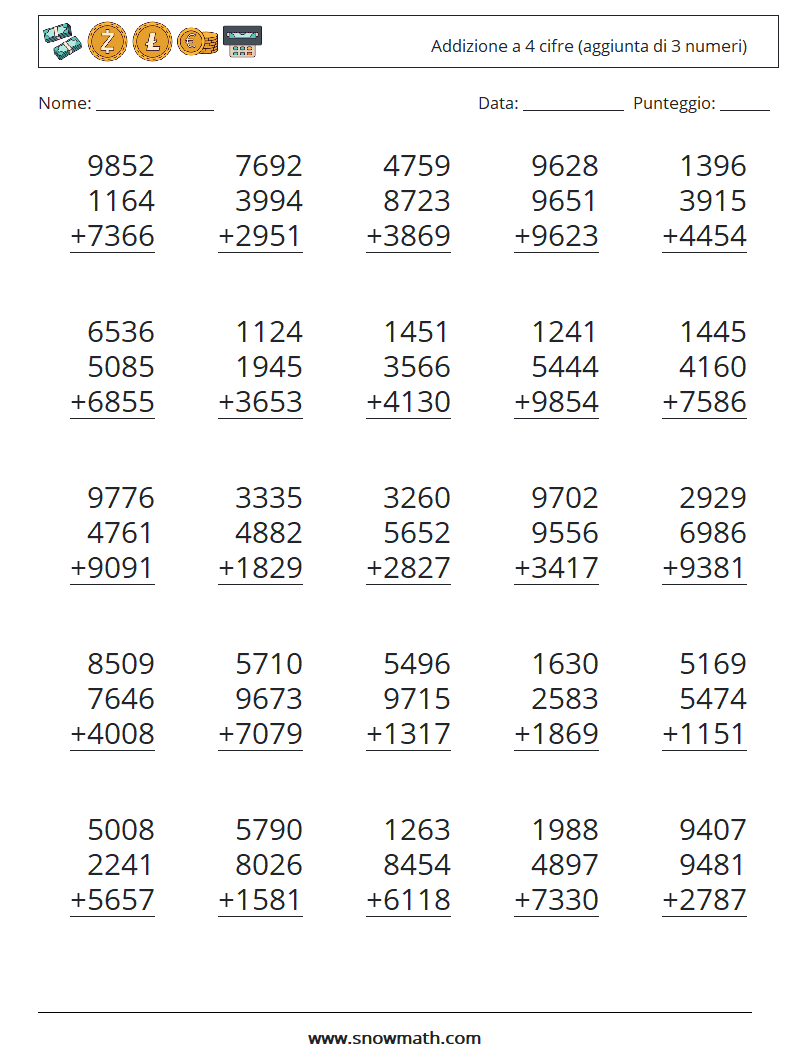 (25) Addizione a 4 cifre (aggiunta di 3 numeri) Fogli di lavoro di matematica 16