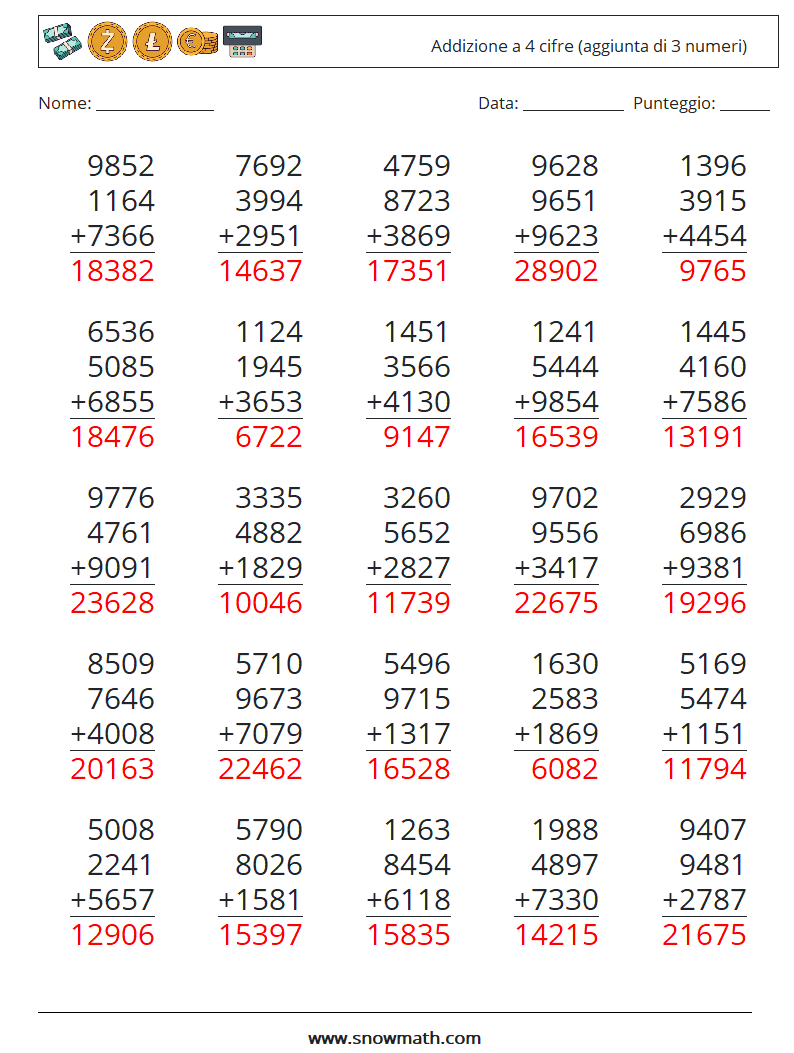 (25) Addizione a 4 cifre (aggiunta di 3 numeri) Fogli di lavoro di matematica 16 Domanda, Risposta