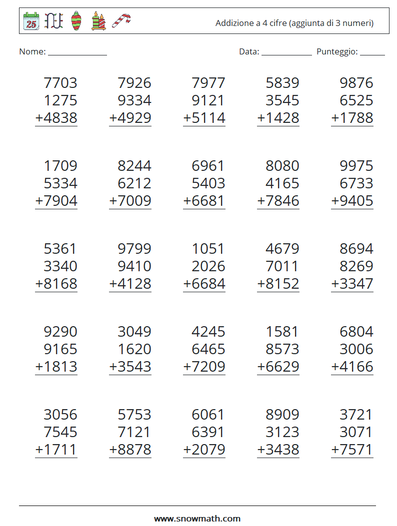 (25) Addizione a 4 cifre (aggiunta di 3 numeri) Fogli di lavoro di matematica 17