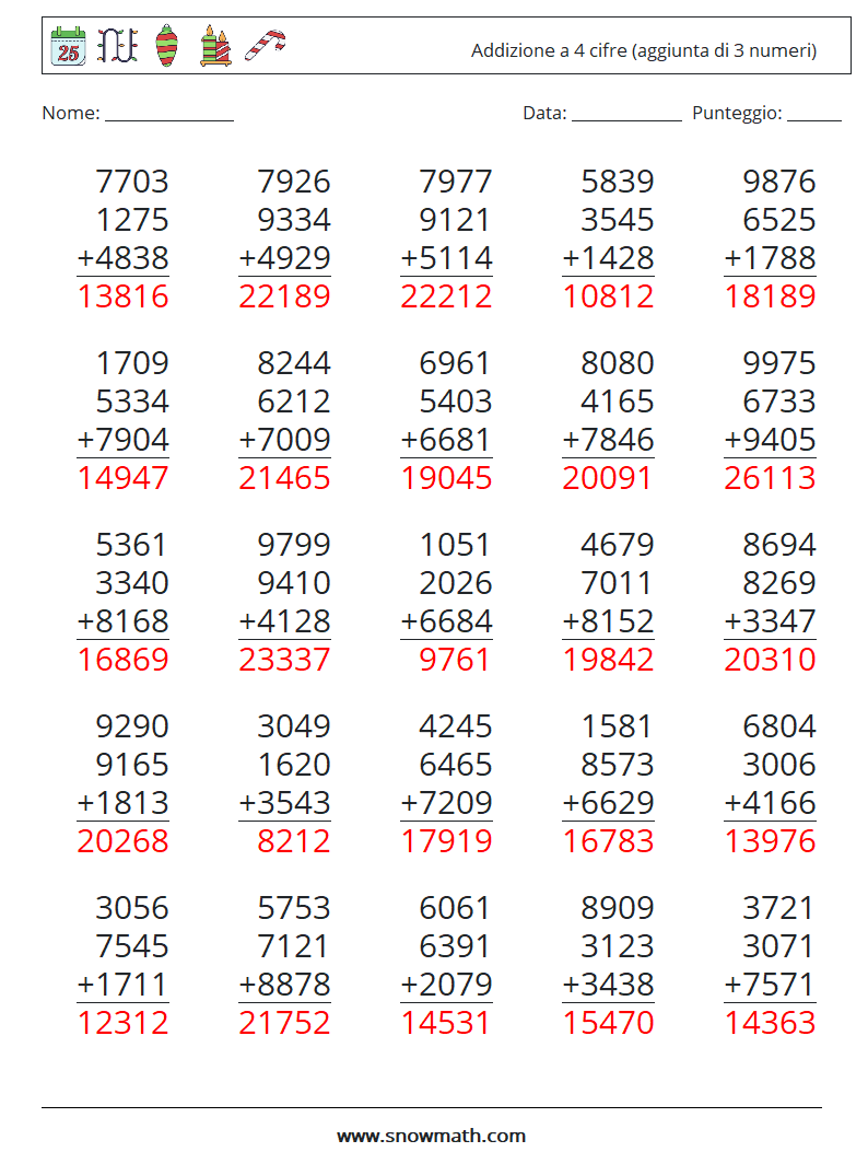 (25) Addizione a 4 cifre (aggiunta di 3 numeri) Fogli di lavoro di matematica 17 Domanda, Risposta