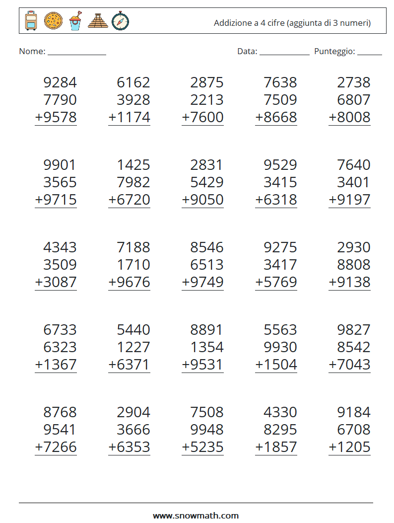 (25) Addizione a 4 cifre (aggiunta di 3 numeri) Fogli di lavoro di matematica 18