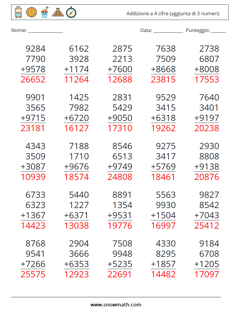 (25) Addizione a 4 cifre (aggiunta di 3 numeri) Fogli di lavoro di matematica 18 Domanda, Risposta