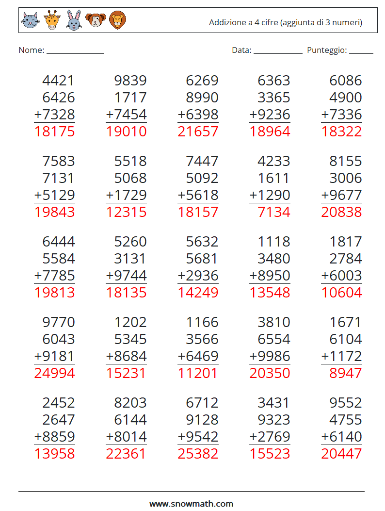 (25) Addizione a 4 cifre (aggiunta di 3 numeri) Fogli di lavoro di matematica 1 Domanda, Risposta