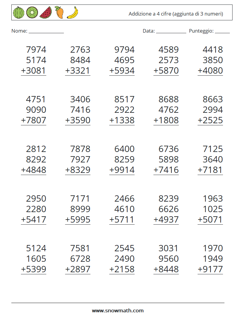 (25) Addizione a 4 cifre (aggiunta di 3 numeri) Fogli di lavoro di matematica 2