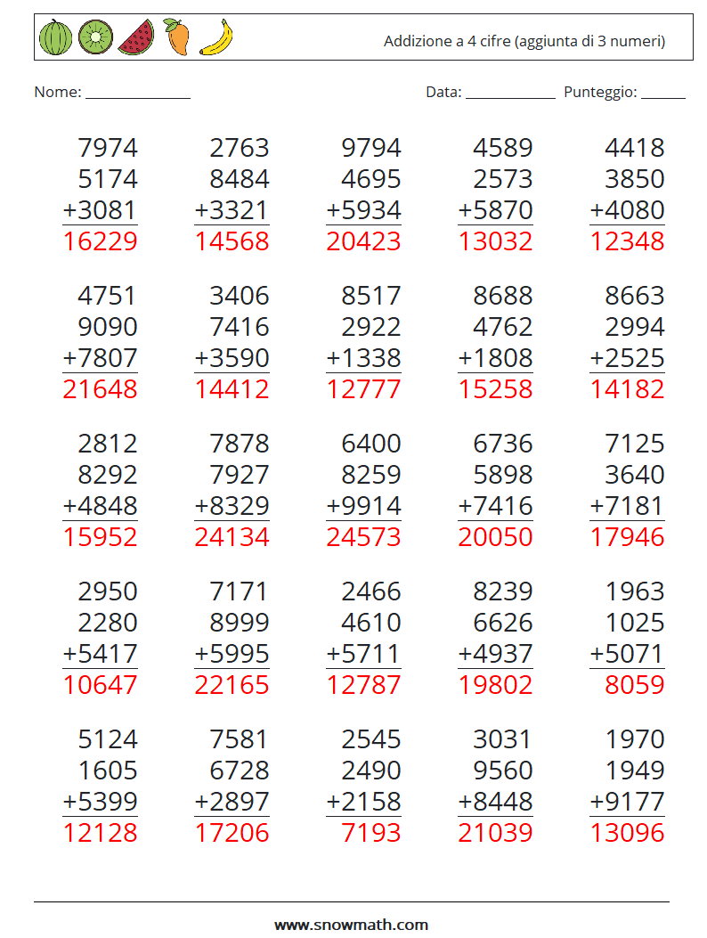 (25) Addizione a 4 cifre (aggiunta di 3 numeri) Fogli di lavoro di matematica 2 Domanda, Risposta