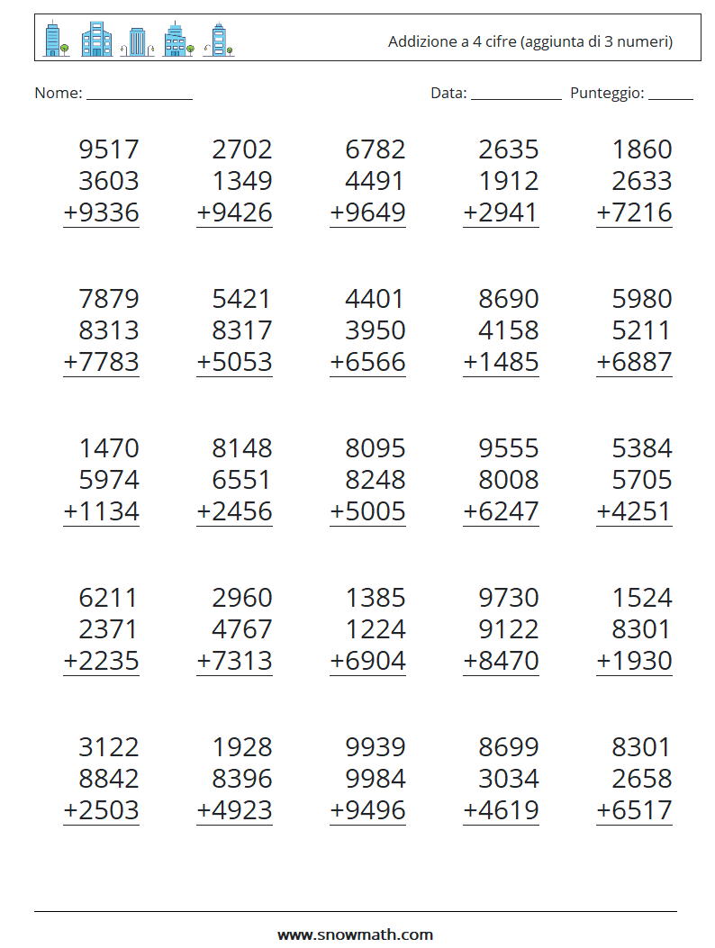 (25) Addizione a 4 cifre (aggiunta di 3 numeri) Fogli di lavoro di matematica 3