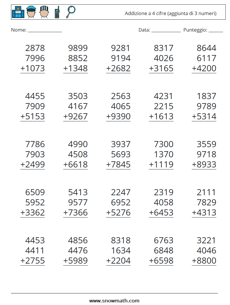 (25) Addizione a 4 cifre (aggiunta di 3 numeri) Fogli di lavoro di matematica 4