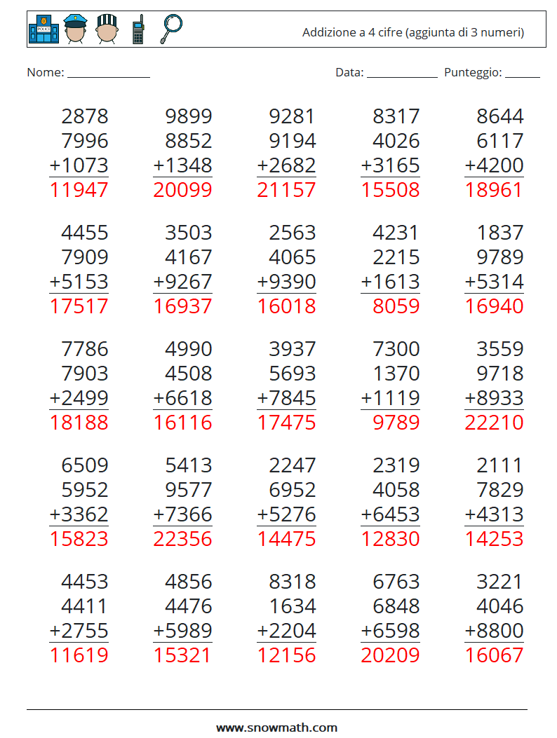 (25) Addizione a 4 cifre (aggiunta di 3 numeri) Fogli di lavoro di matematica 4 Domanda, Risposta