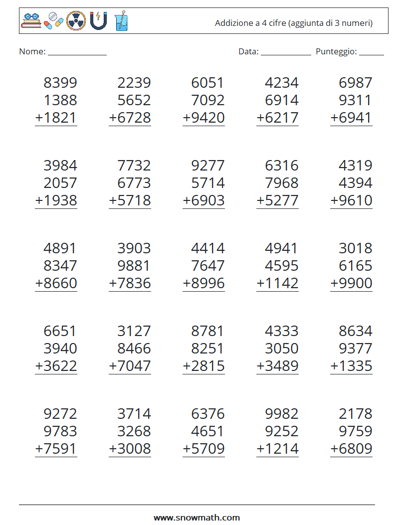 (25) Addizione a 4 cifre (aggiunta di 3 numeri) Fogli di lavoro di matematica 5