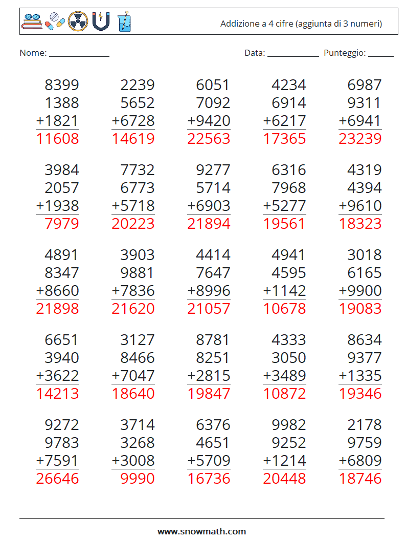 (25) Addizione a 4 cifre (aggiunta di 3 numeri) Fogli di lavoro di matematica 5 Domanda, Risposta