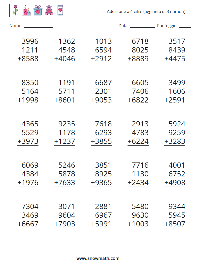 (25) Addizione a 4 cifre (aggiunta di 3 numeri) Fogli di lavoro di matematica 6