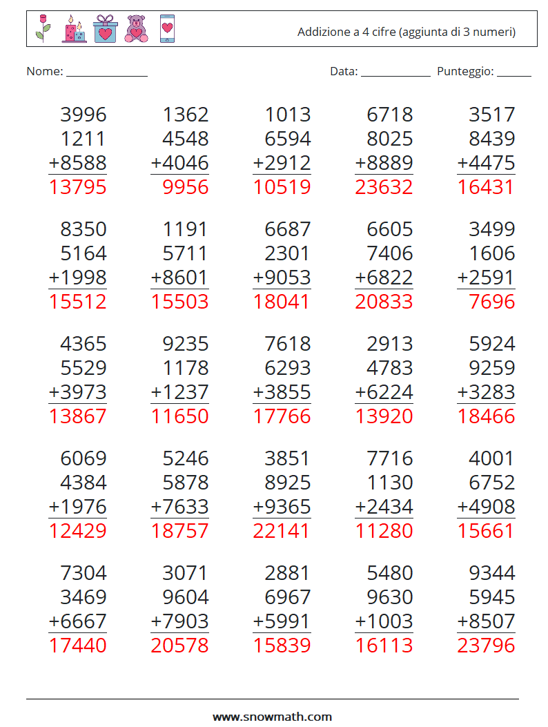 (25) Addizione a 4 cifre (aggiunta di 3 numeri) Fogli di lavoro di matematica 6 Domanda, Risposta