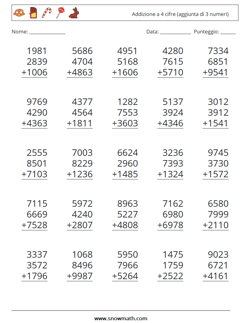 (25) Addizione a 4 cifre (aggiunta di 3 numeri) Fogli di lavoro di matematica 7
