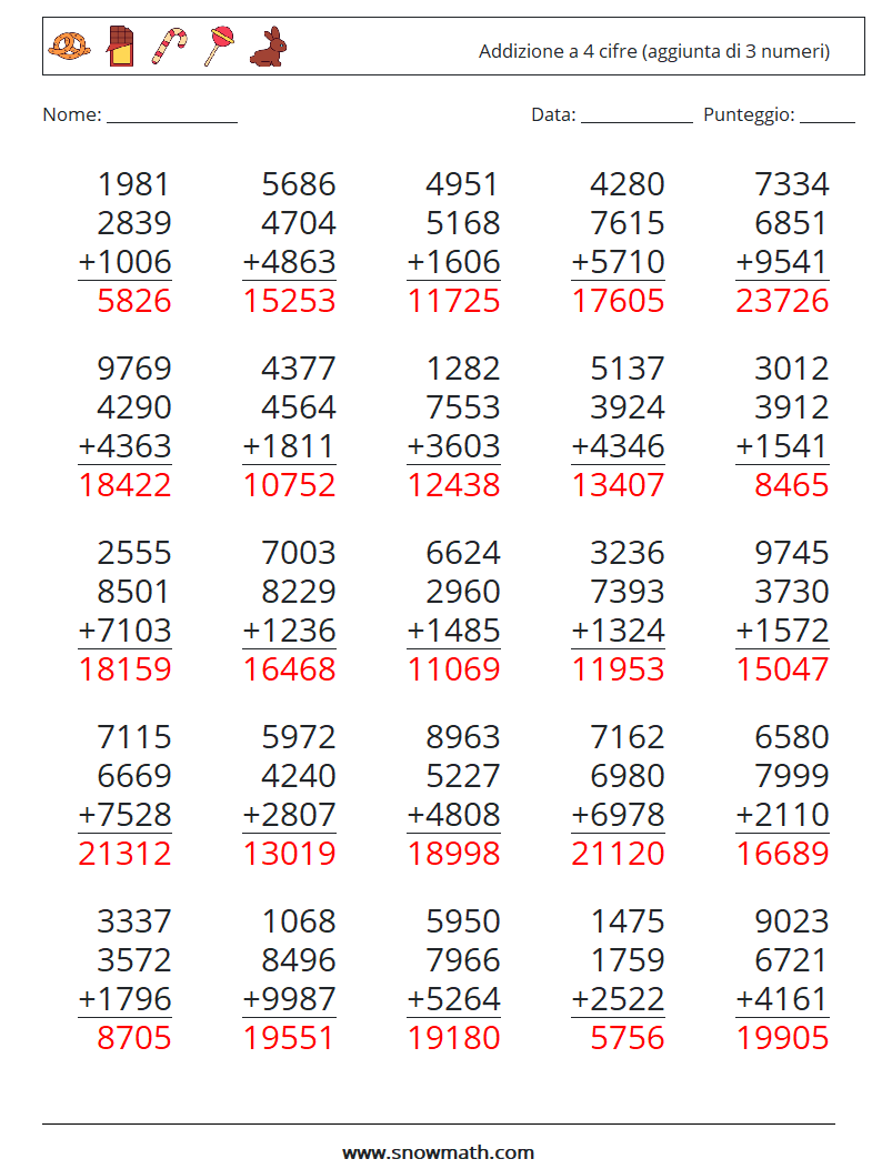 (25) Addizione a 4 cifre (aggiunta di 3 numeri) Fogli di lavoro di matematica 7 Domanda, Risposta