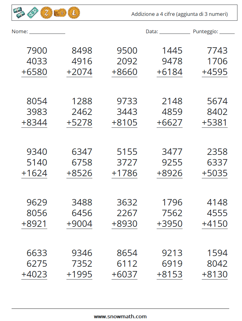 (25) Addizione a 4 cifre (aggiunta di 3 numeri) Fogli di lavoro di matematica 8