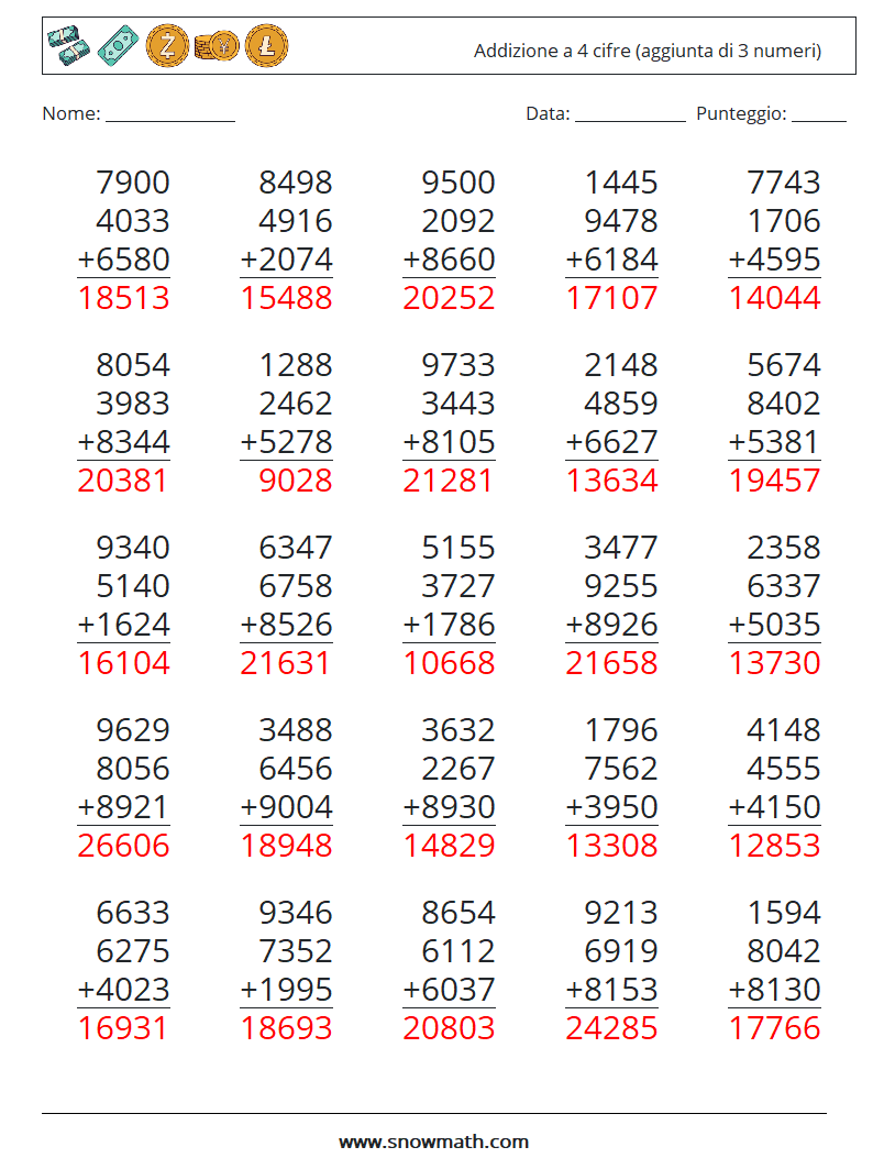 (25) Addizione a 4 cifre (aggiunta di 3 numeri) Fogli di lavoro di matematica 8 Domanda, Risposta