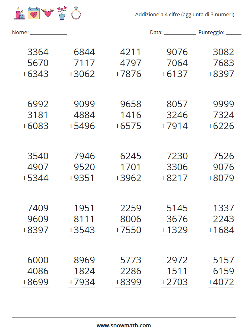 (25) Addizione a 4 cifre (aggiunta di 3 numeri) Fogli di lavoro di matematica 9