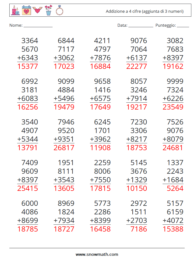 (25) Addizione a 4 cifre (aggiunta di 3 numeri) Fogli di lavoro di matematica 9 Domanda, Risposta