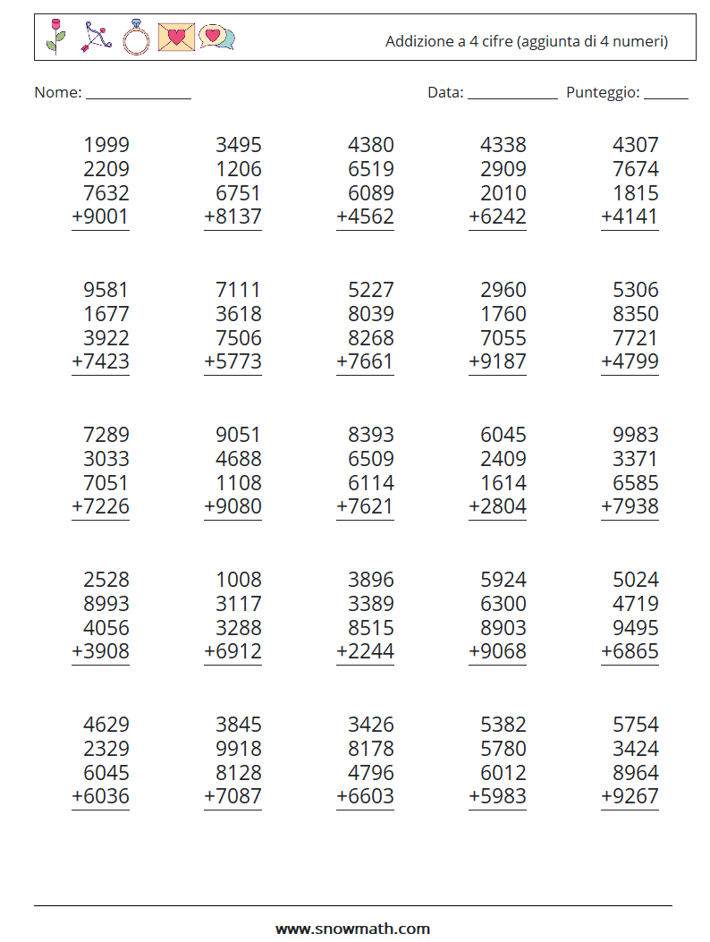 (25) Addizione a 4 cifre (aggiunta di 4 numeri) Fogli di lavoro di matematica 1