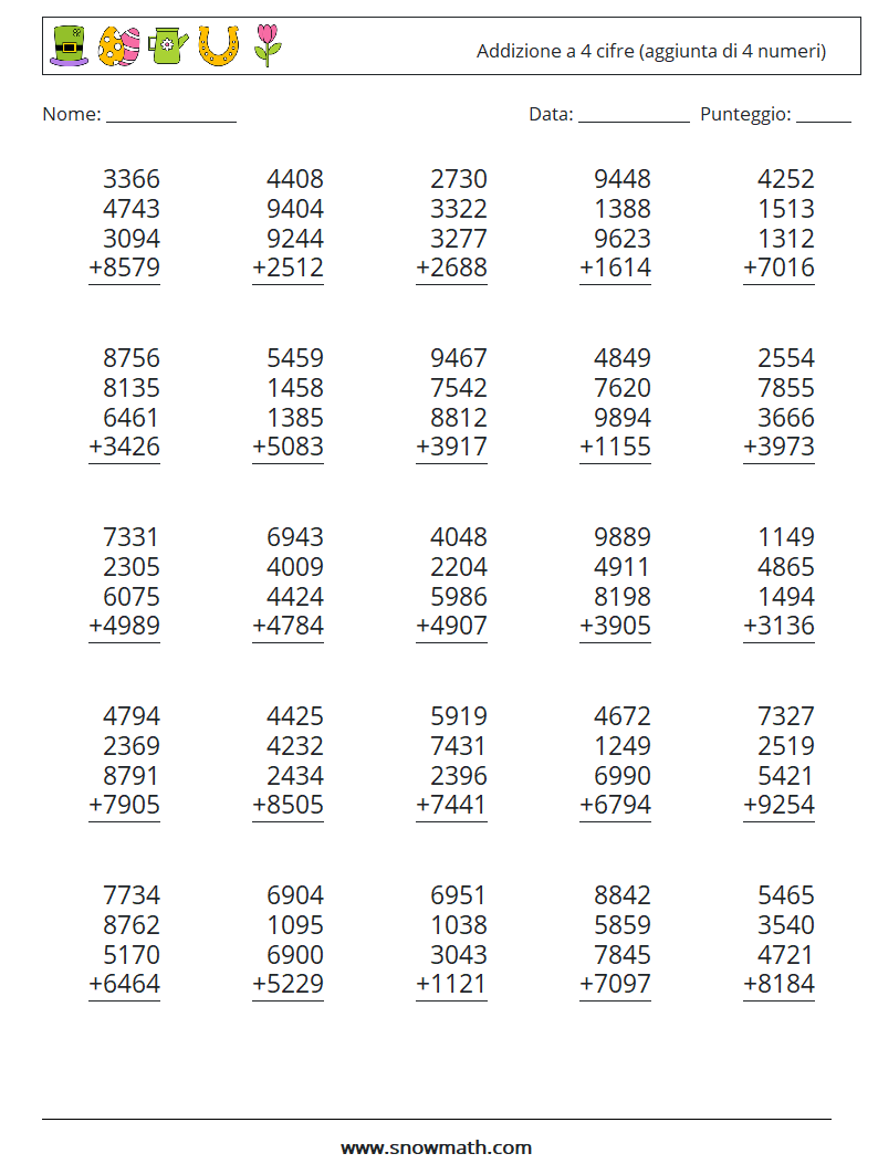 (25) Addizione a 4 cifre (aggiunta di 4 numeri) Fogli di lavoro di matematica 10