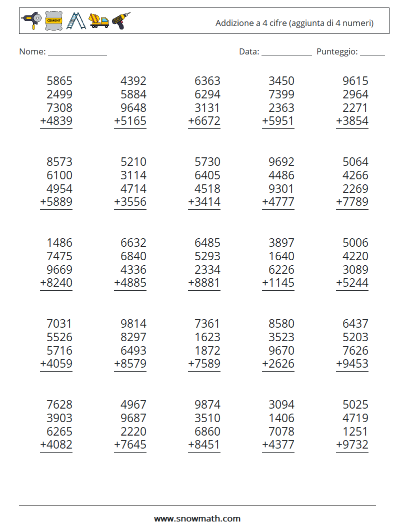 (25) Addizione a 4 cifre (aggiunta di 4 numeri) Fogli di lavoro di matematica 11