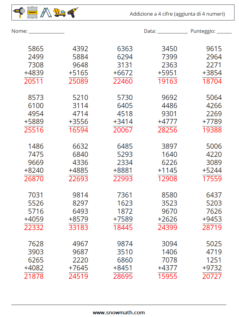 (25) Addizione a 4 cifre (aggiunta di 4 numeri) Fogli di lavoro di matematica 11 Domanda, Risposta