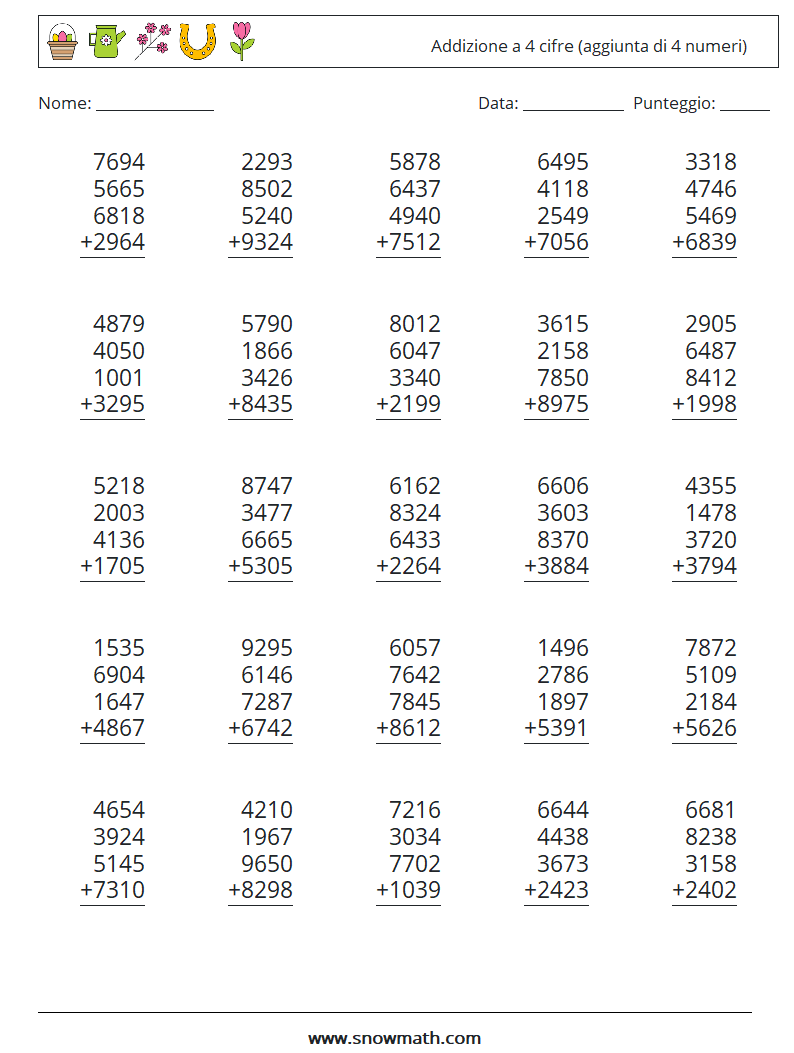 (25) Addizione a 4 cifre (aggiunta di 4 numeri) Fogli di lavoro di matematica 12