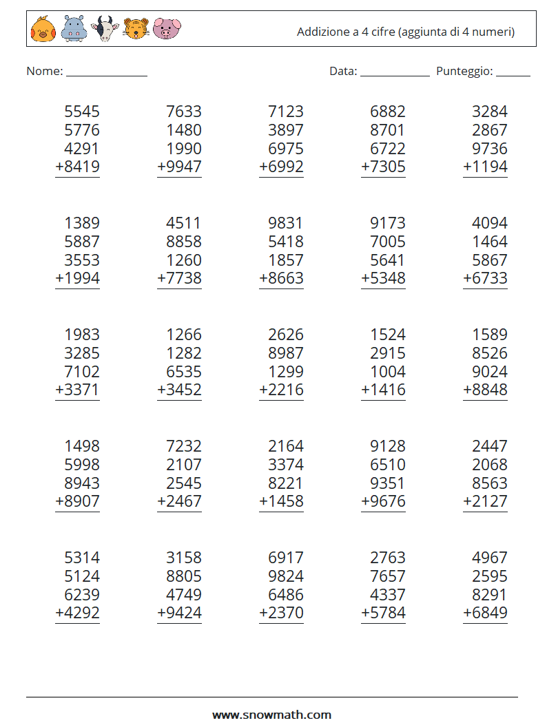 (25) Addizione a 4 cifre (aggiunta di 4 numeri) Fogli di lavoro di matematica 13