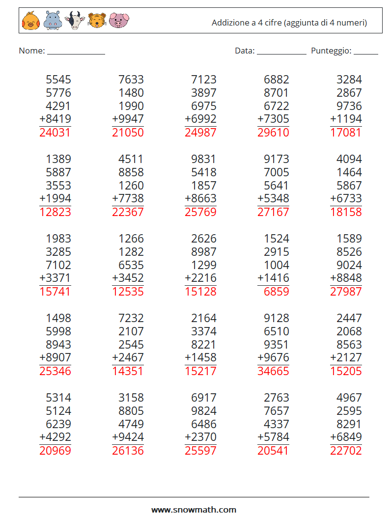 (25) Addizione a 4 cifre (aggiunta di 4 numeri) Fogli di lavoro di matematica 13 Domanda, Risposta