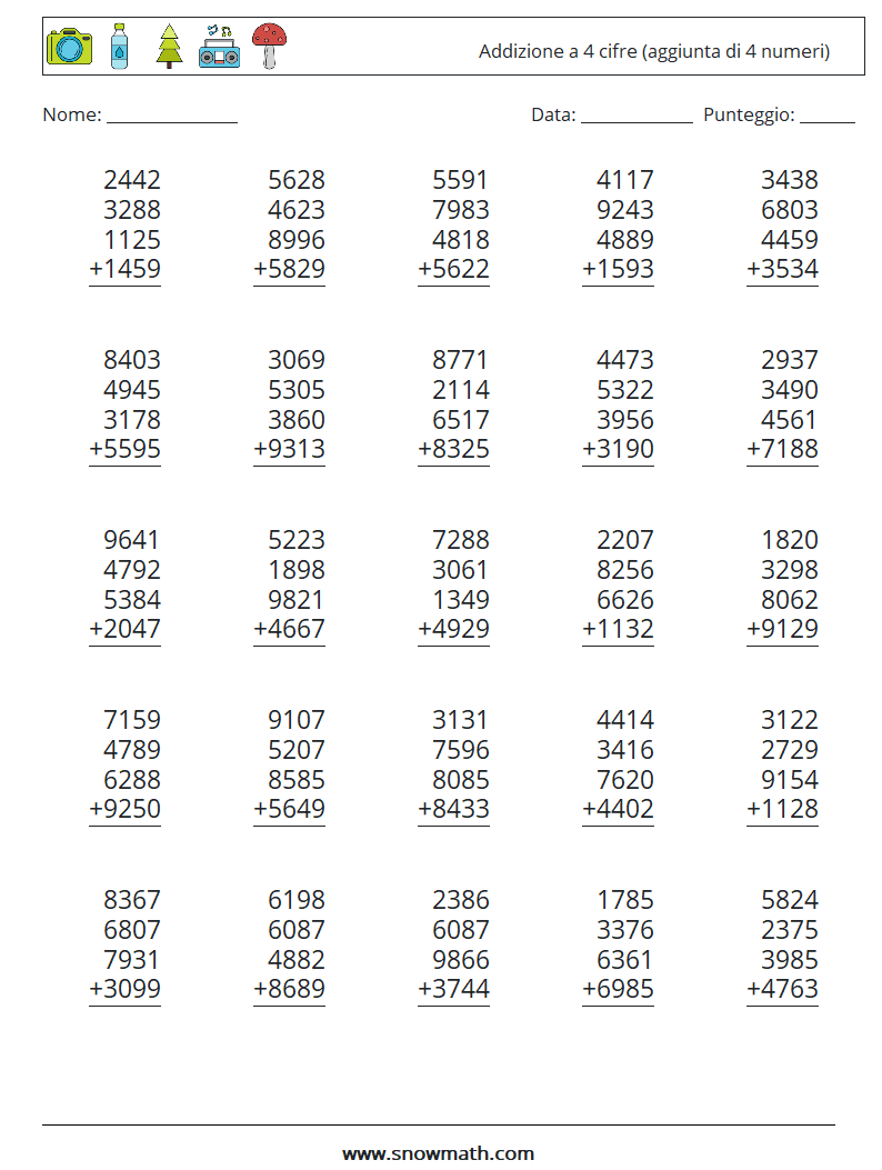 (25) Addizione a 4 cifre (aggiunta di 4 numeri) Fogli di lavoro di matematica 14