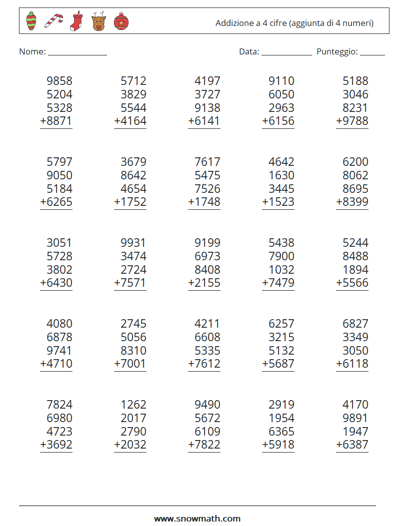 (25) Addizione a 4 cifre (aggiunta di 4 numeri) Fogli di lavoro di matematica 15