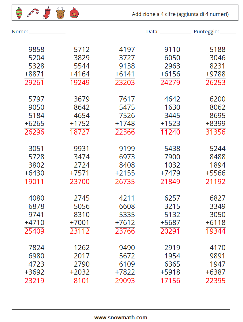 (25) Addizione a 4 cifre (aggiunta di 4 numeri) Fogli di lavoro di matematica 15 Domanda, Risposta