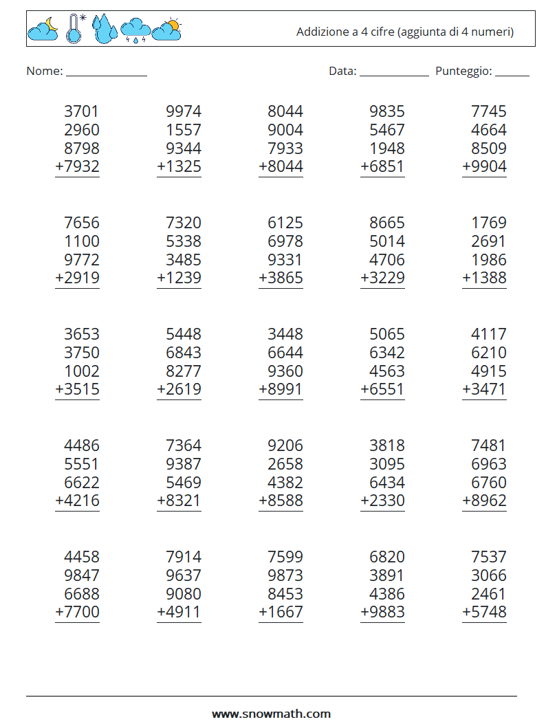 (25) Addizione a 4 cifre (aggiunta di 4 numeri) Fogli di lavoro di matematica 16