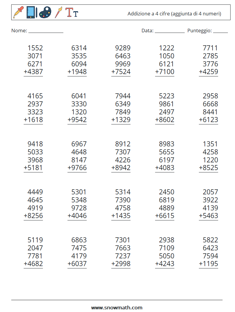 (25) Addizione a 4 cifre (aggiunta di 4 numeri) Fogli di lavoro di matematica 17