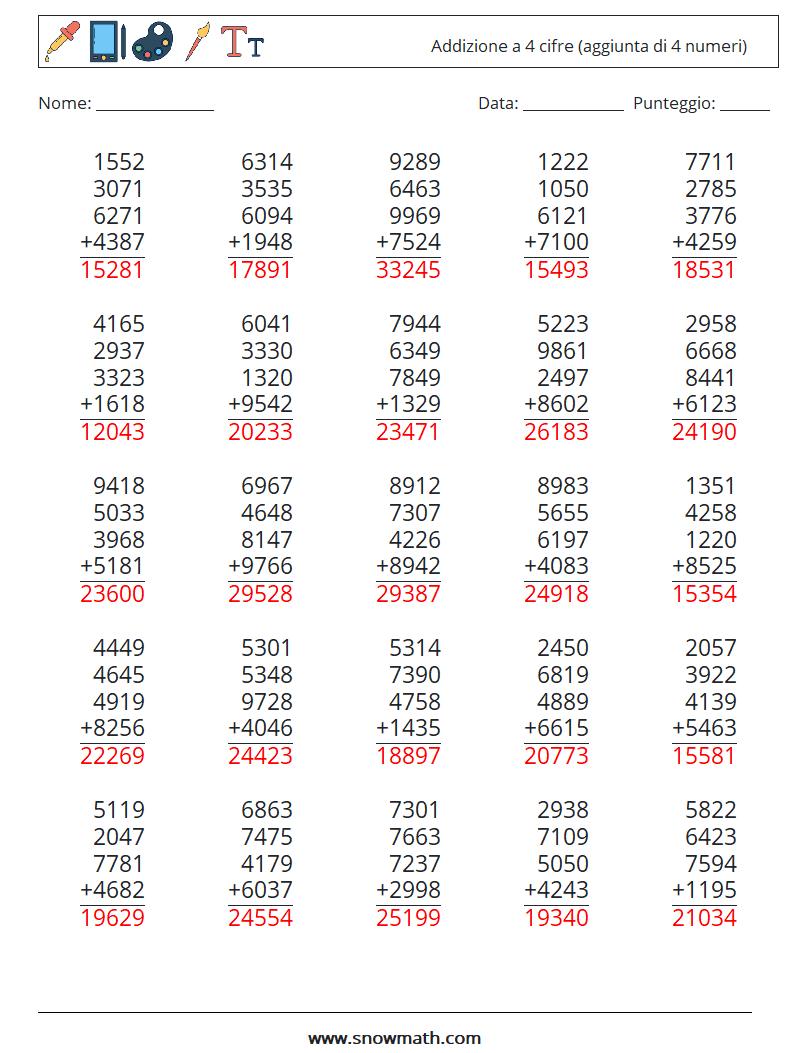 (25) Addizione a 4 cifre (aggiunta di 4 numeri) Fogli di lavoro di matematica 17 Domanda, Risposta