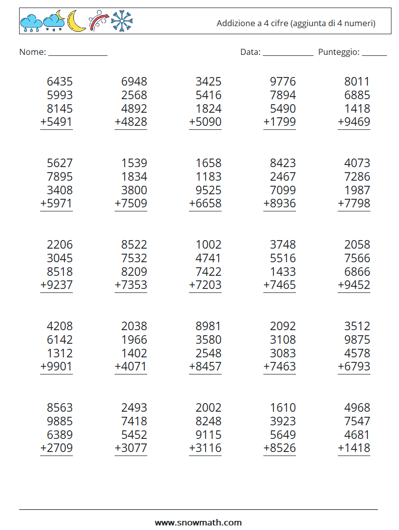 (25) Addizione a 4 cifre (aggiunta di 4 numeri) Fogli di lavoro di matematica 18