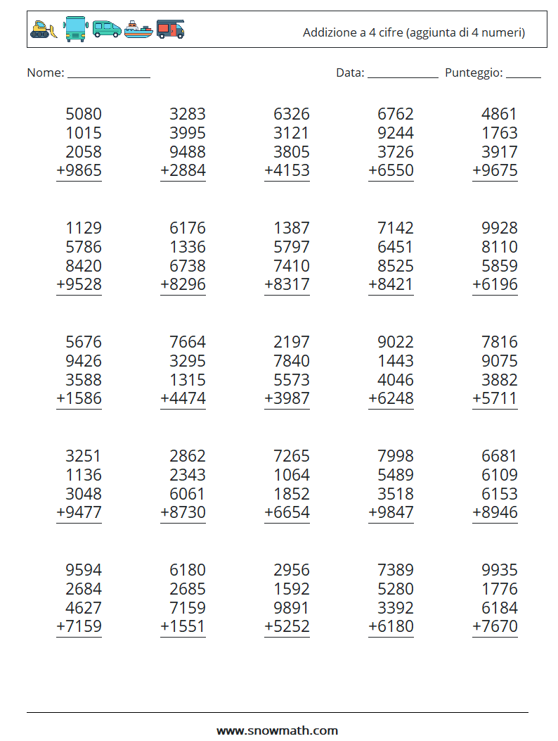 (25) Addizione a 4 cifre (aggiunta di 4 numeri) Fogli di lavoro di matematica 2