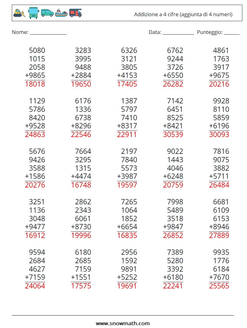 (25) Addizione a 4 cifre (aggiunta di 4 numeri) Fogli di lavoro di matematica 2 Domanda, Risposta