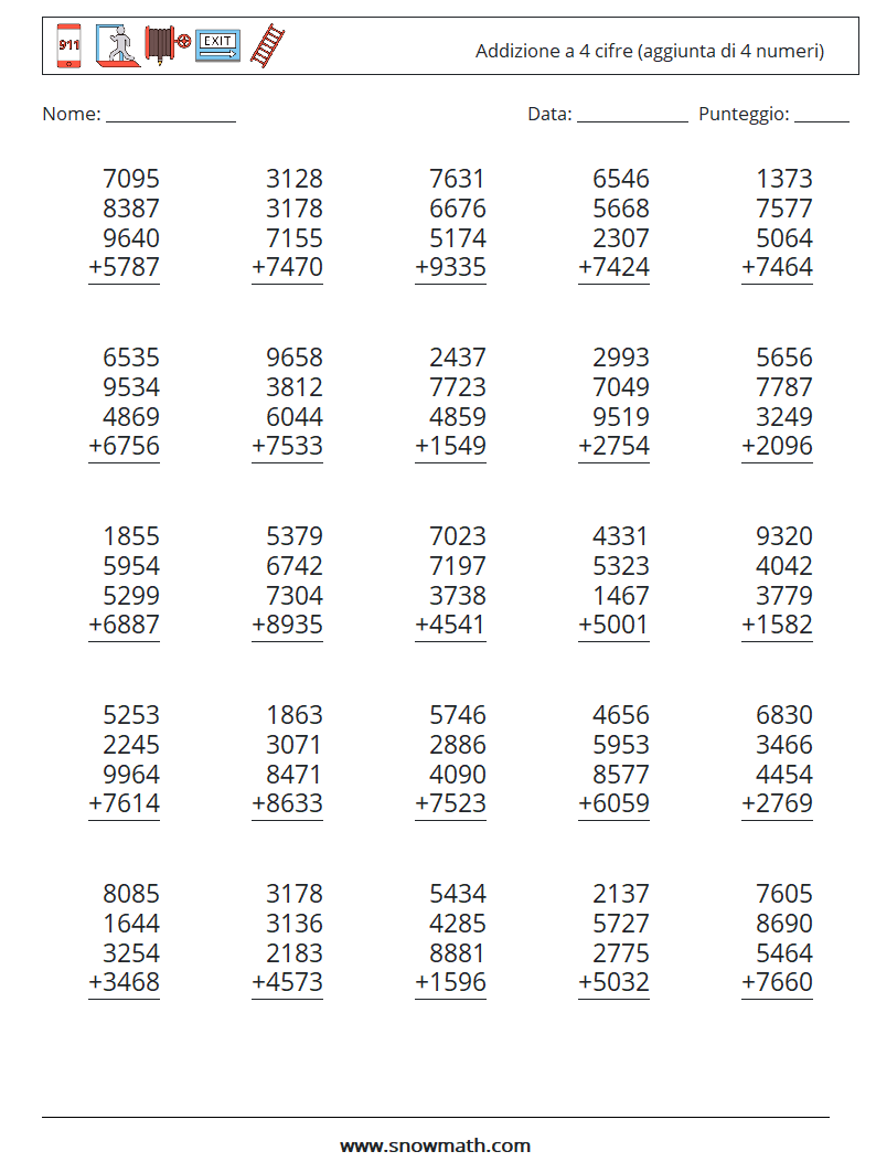 (25) Addizione a 4 cifre (aggiunta di 4 numeri) Fogli di lavoro di matematica 3