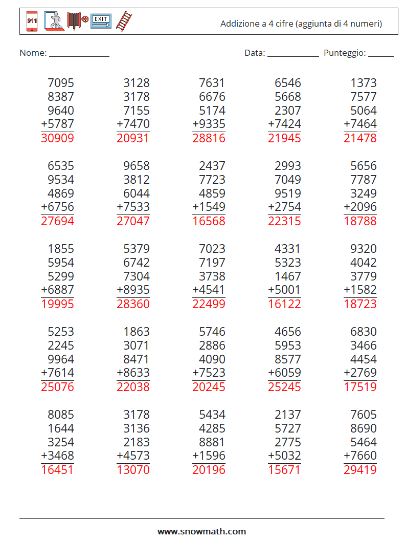 (25) Addizione a 4 cifre (aggiunta di 4 numeri) Fogli di lavoro di matematica 3 Domanda, Risposta