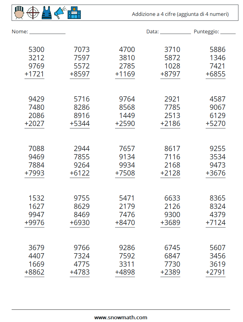 (25) Addizione a 4 cifre (aggiunta di 4 numeri) Fogli di lavoro di matematica 4