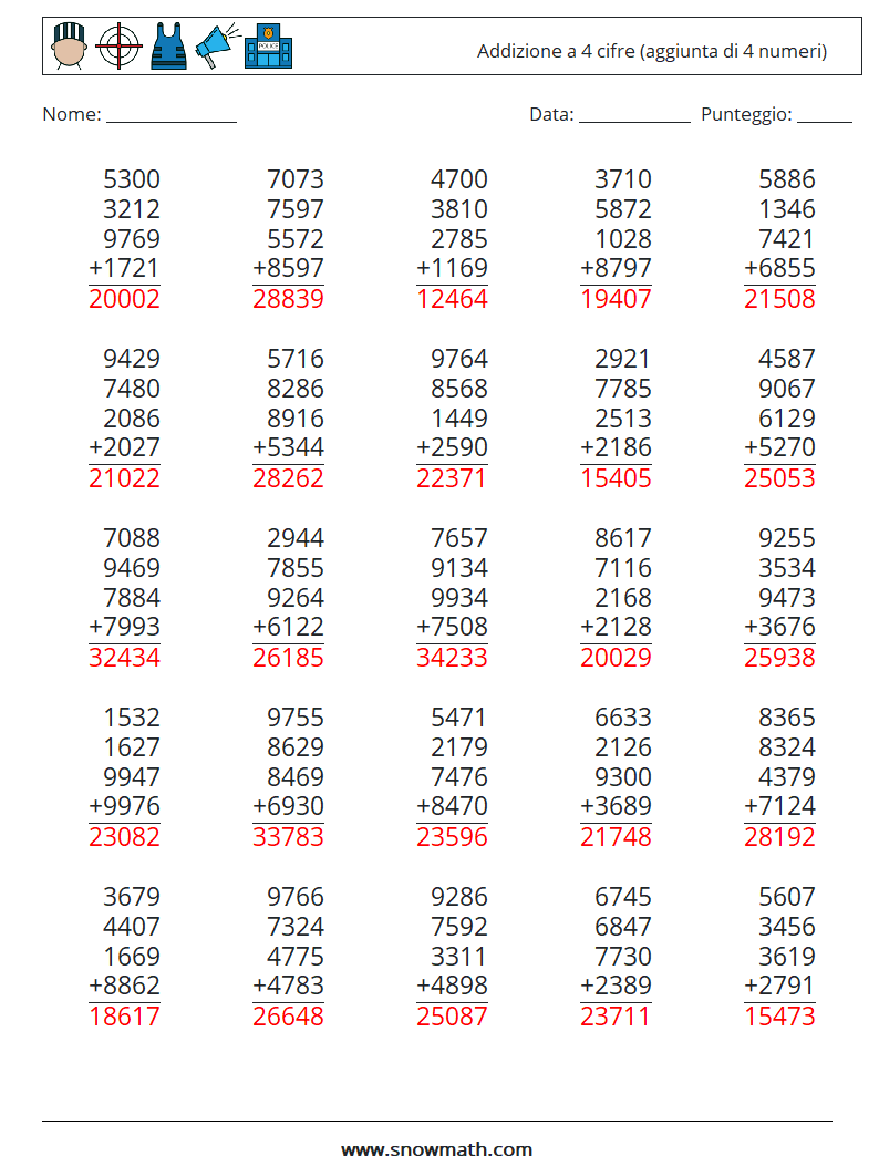 (25) Addizione a 4 cifre (aggiunta di 4 numeri) Fogli di lavoro di matematica 4 Domanda, Risposta