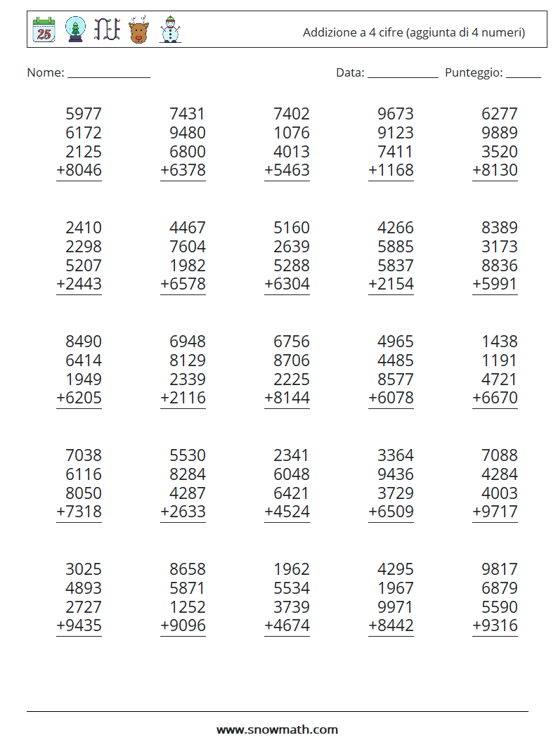 (25) Addizione a 4 cifre (aggiunta di 4 numeri) Fogli di lavoro di matematica 5