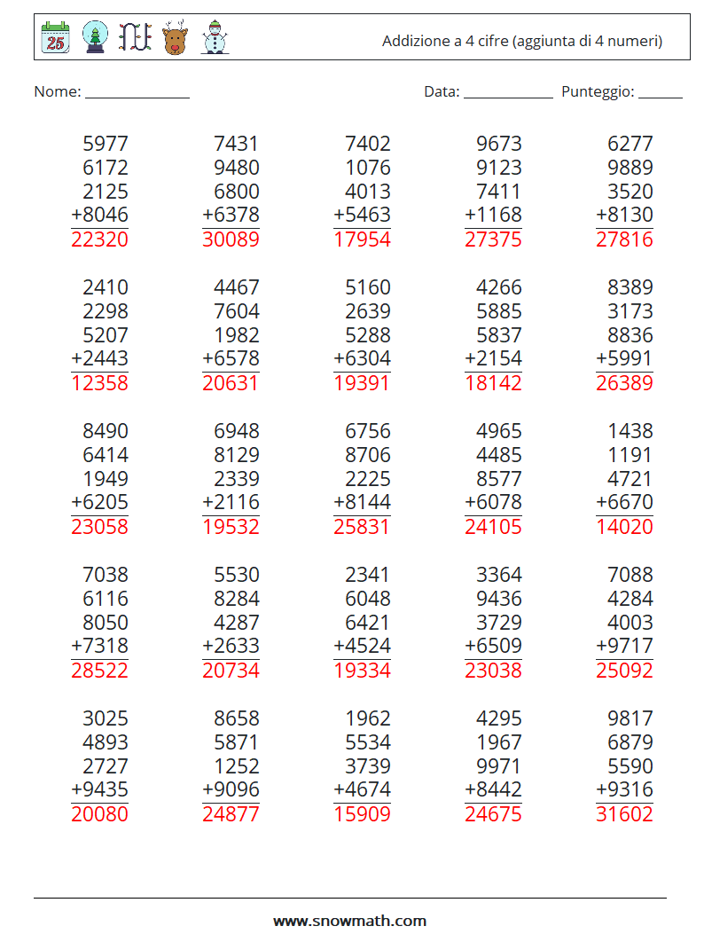 (25) Addizione a 4 cifre (aggiunta di 4 numeri) Fogli di lavoro di matematica 5 Domanda, Risposta