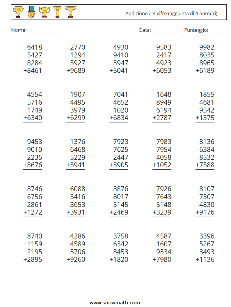 (25) Addizione a 4 cifre (aggiunta di 4 numeri) Fogli di lavoro di matematica 6