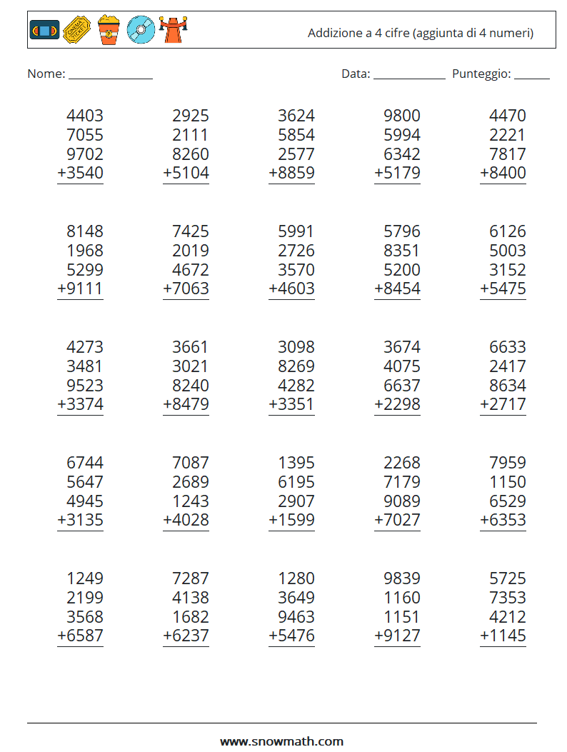 (25) Addizione a 4 cifre (aggiunta di 4 numeri) Fogli di lavoro di matematica 7