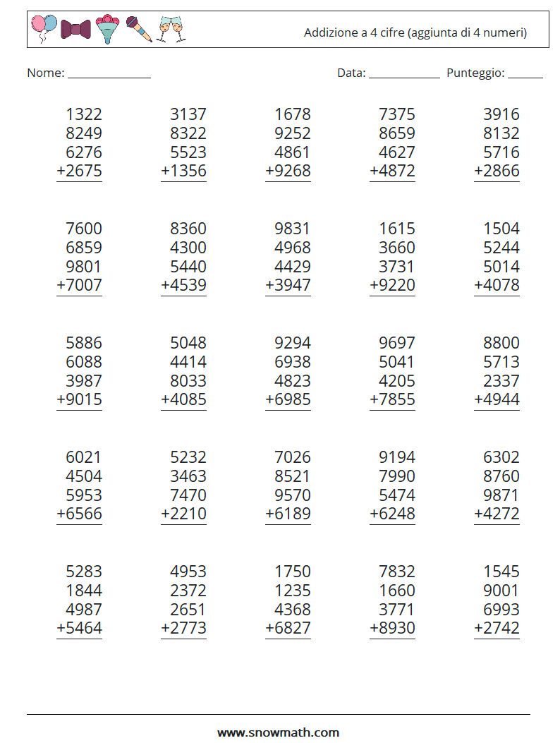 (25) Addizione a 4 cifre (aggiunta di 4 numeri) Fogli di lavoro di matematica 8