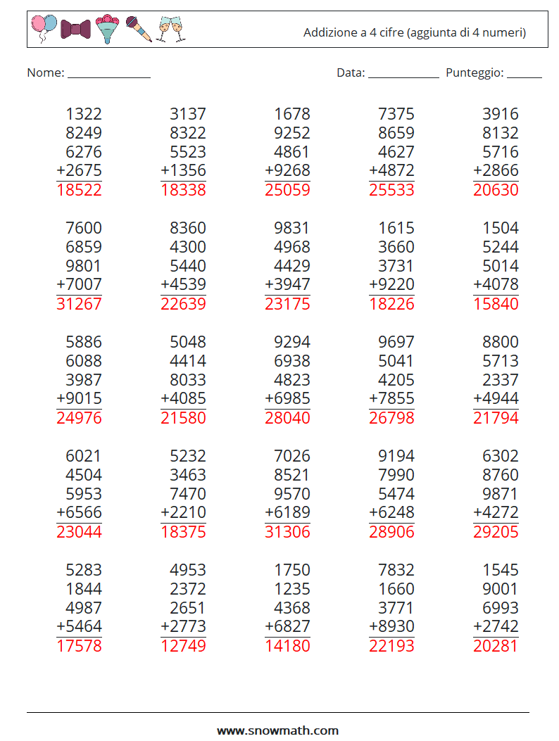 (25) Addizione a 4 cifre (aggiunta di 4 numeri) Fogli di lavoro di matematica 8 Domanda, Risposta