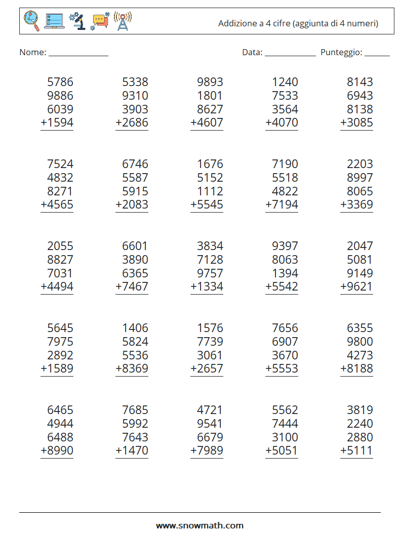 (25) Addizione a 4 cifre (aggiunta di 4 numeri) Fogli di lavoro di matematica 9